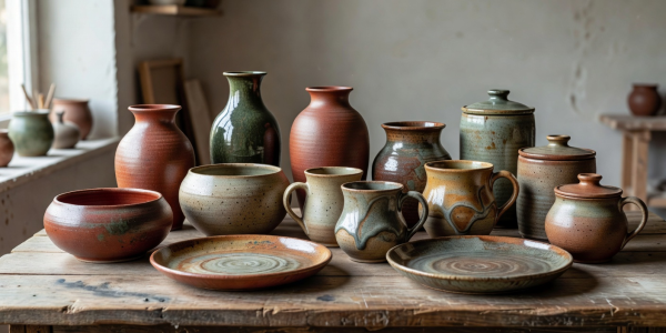 A collection of ceramic pottery with varied shapes and earthy glazed surfaces.