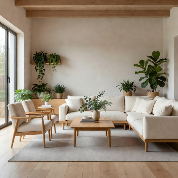 Airy living room with neutral upholstered seating, warm wood accents and leafy greenery.