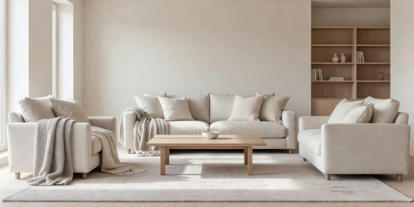 Daylight illuminating a spacious living room with pale seating and layered neutral textures.