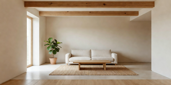 Light-filled interior with pale surfaces and warm natural finishes.