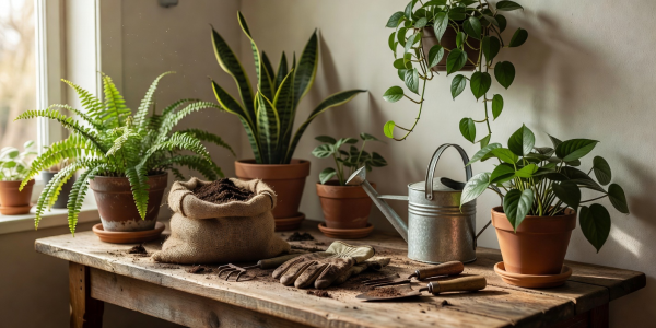 Potted green plants and gardening materials in a naturally lit planting area.