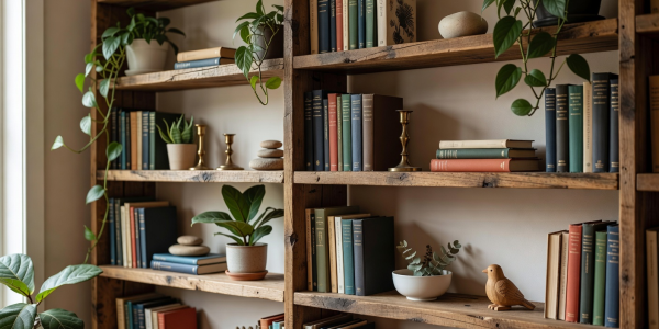 Wooden shelving styled with books, plants and everyday decorative objects.